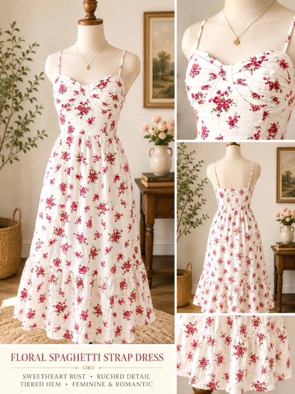 ASTR Dress S White Floral Linen Viscose Midi Spaghetti Strap Sweetheart Cottage
